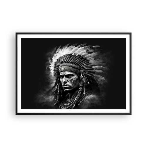Poster in cornice nera - Ritratto di un capo con un copricapo piumato su sfondo nero - 100x70cm - Capo e guerriero - Decorazione murale moderna per soggiorno e camera da letto ARTTOR