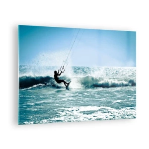 Quadro su vetro - Kitesurfer sulle onde dell'oceano in una giornata di sole - 70x50cm - Fatti sollevare - Decorazione murale moderna per soggiorno e camera da letto ARTTOR