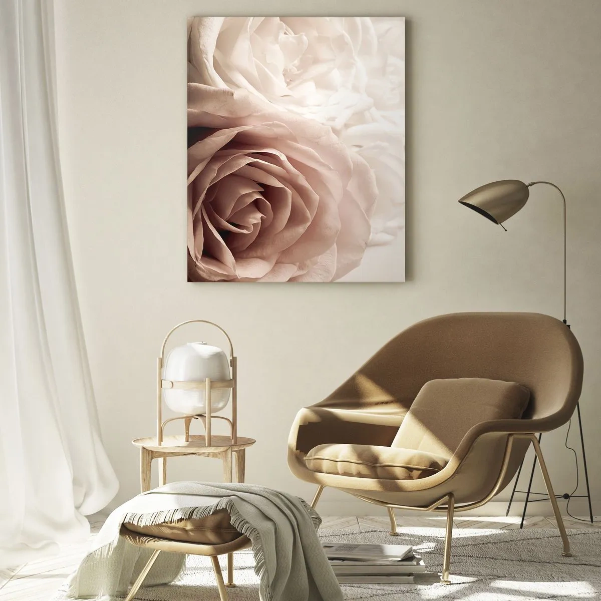 Quadro su vetro - Delicate rose in tonalità pastello del beige - 70x100cm - Nel cuore della rosa - Decorazione murale moderna per soggiorno e camera da letto ARTTOR