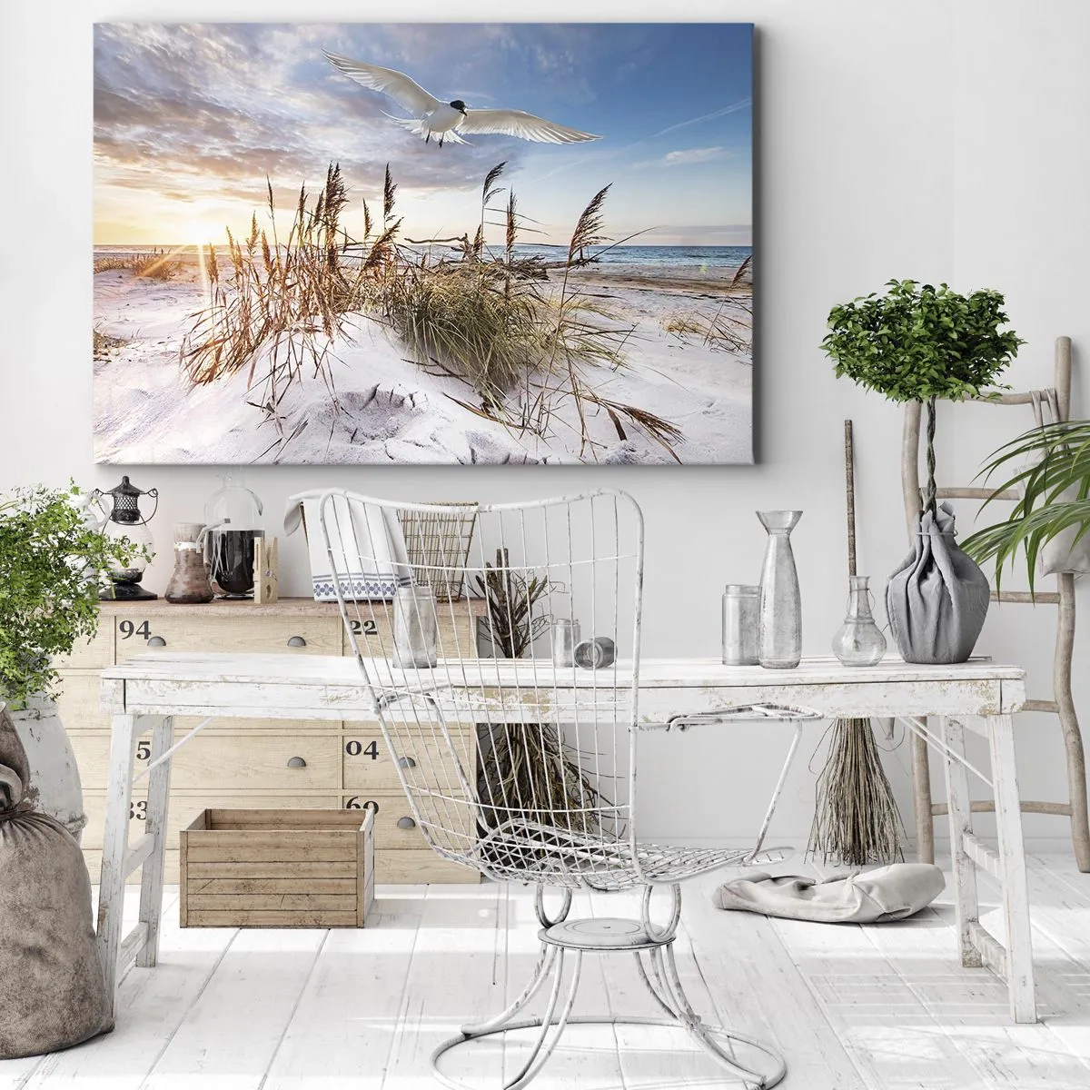 Quadro su tela - Stampe su Tela - Spiaggia con gabbiani che volano al tramonto - 70x50cm - Vento dal mare - Decorazione murale moderna per soggiorno e camera da letto ARTTOR