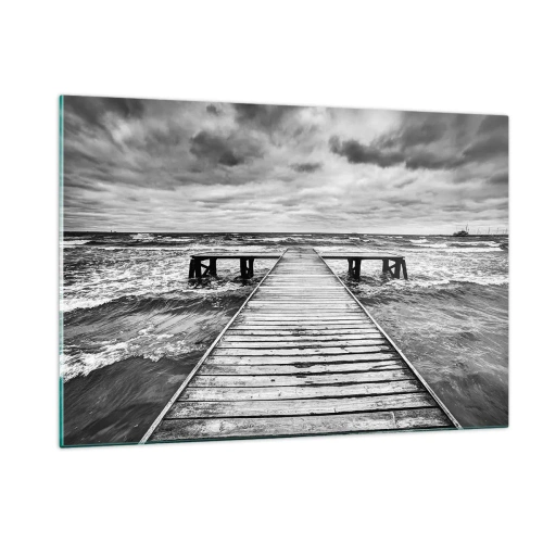Quadro su vetro - Un molo bianco e nero in mezzo alle onde agitate - 120x80cm - Aspetto che il vento le scacci via... - Decorazione murale moderna per soggiorno e camera da letto ARTTOR