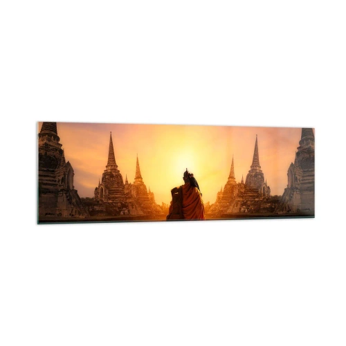 Quadro su vetro - Un monaco tra i templi al tramonto - 160x50cm - In pace per l'eternità - Decorazione murale moderna per soggiorno e camera da letto ARTTOR