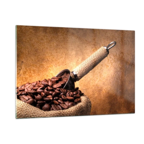Quadro su vetro - Chicchi di caffè in un sacco di iuta con un cucchiaio di metallo - 120x80cm - Alla fonte del gusto - Decorazione murale moderna per soggiorno e camera da letto ARTTOR