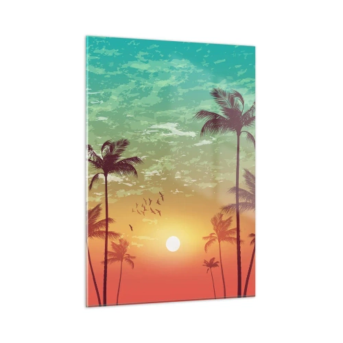 Quadro su vetro - Illustrazione di palme al tramonto - 50x70cm - Climi tropicali - Decorazione murale moderna per soggiorno e camera da letto ARTTOR