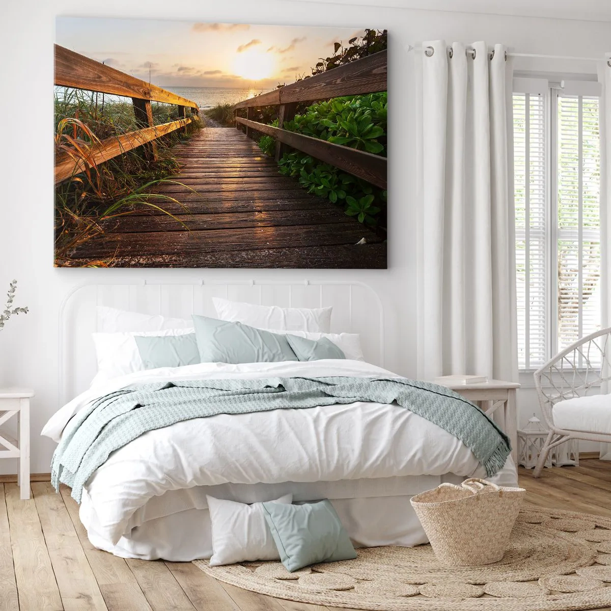 Quadro su tela - Stampe su Tela - Molo di legno che conduce alla spiaggia al tramonto - 120x80cm - Dritto verso la riva - Decorazione murale moderna per soggiorno e camera da letto ARTTOR