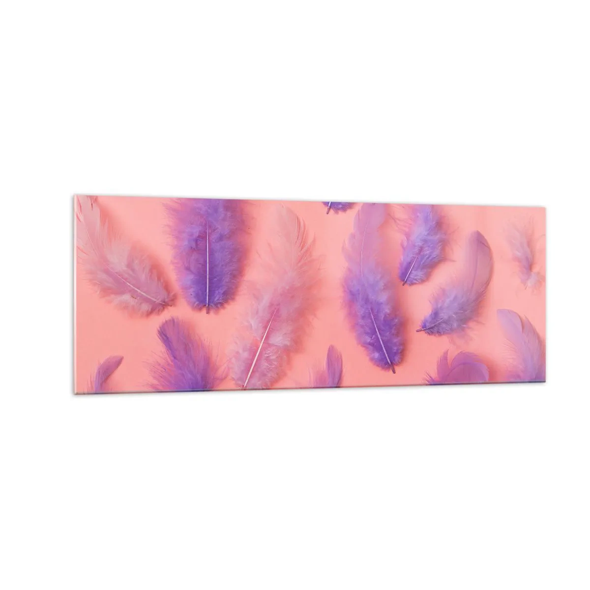 Quadro su vetro - Piume viola e rosa su uno sfondo pastello - 140x50cm - L'uccello lilla del desiderio - Decorazione murale moderna per soggiorno e camera da letto ARTTOR