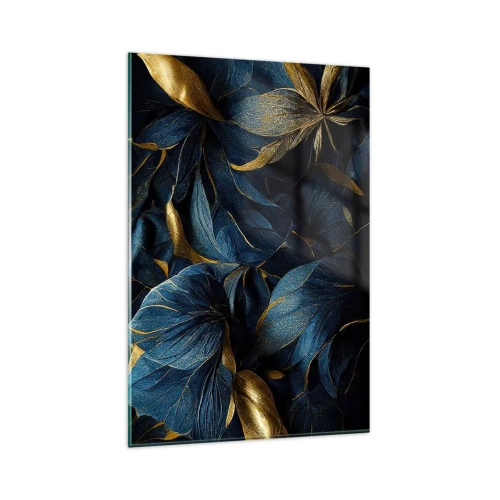Quadro su vetro - Eleganti foglie nei toni dell'oro e del blu navy - 80x120cm - Foderati d'oro - Decorazione murale moderna per soggiorno e camera da letto ARTTOR