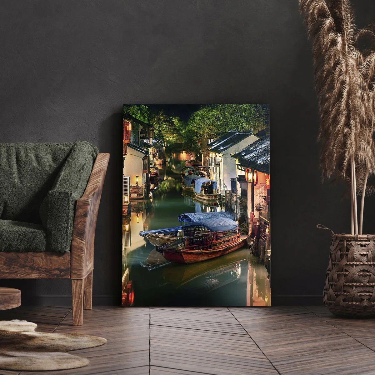 Quadro su tela - Stampe su Tela - Vista notturna dei canali con barche e case tradizionali - 70x100cm - Sera in una via cinese - Decorazione murale moderna per soggiorno e camera da letto ARTTOR