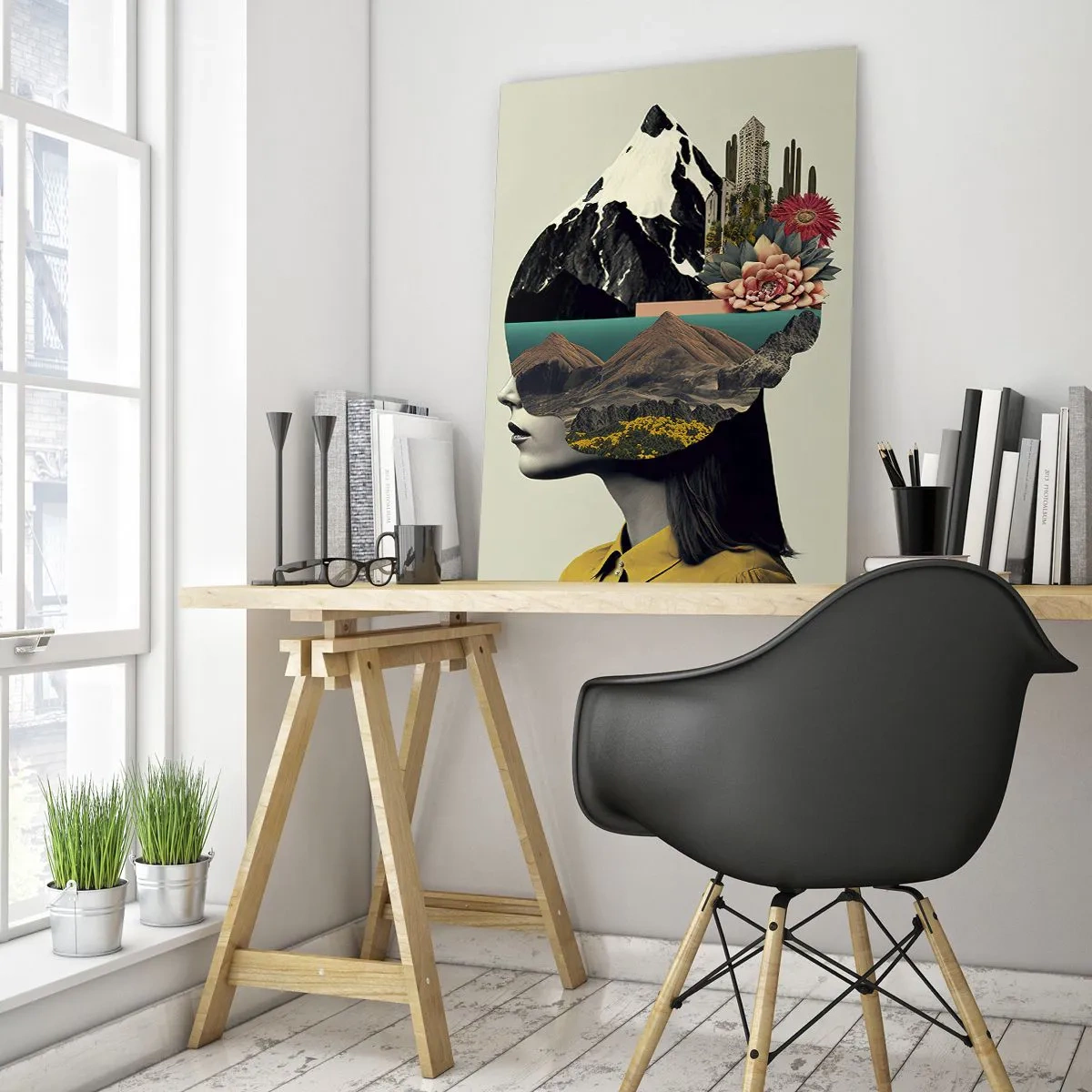 Quadro su vetro - Silhouette di una donna con un paesaggio montano e la flora nella sua testa - 50x70cm - La donna è sempre un mistero - Decorazione murale moderna per soggiorno e camera da letto ARTTOR