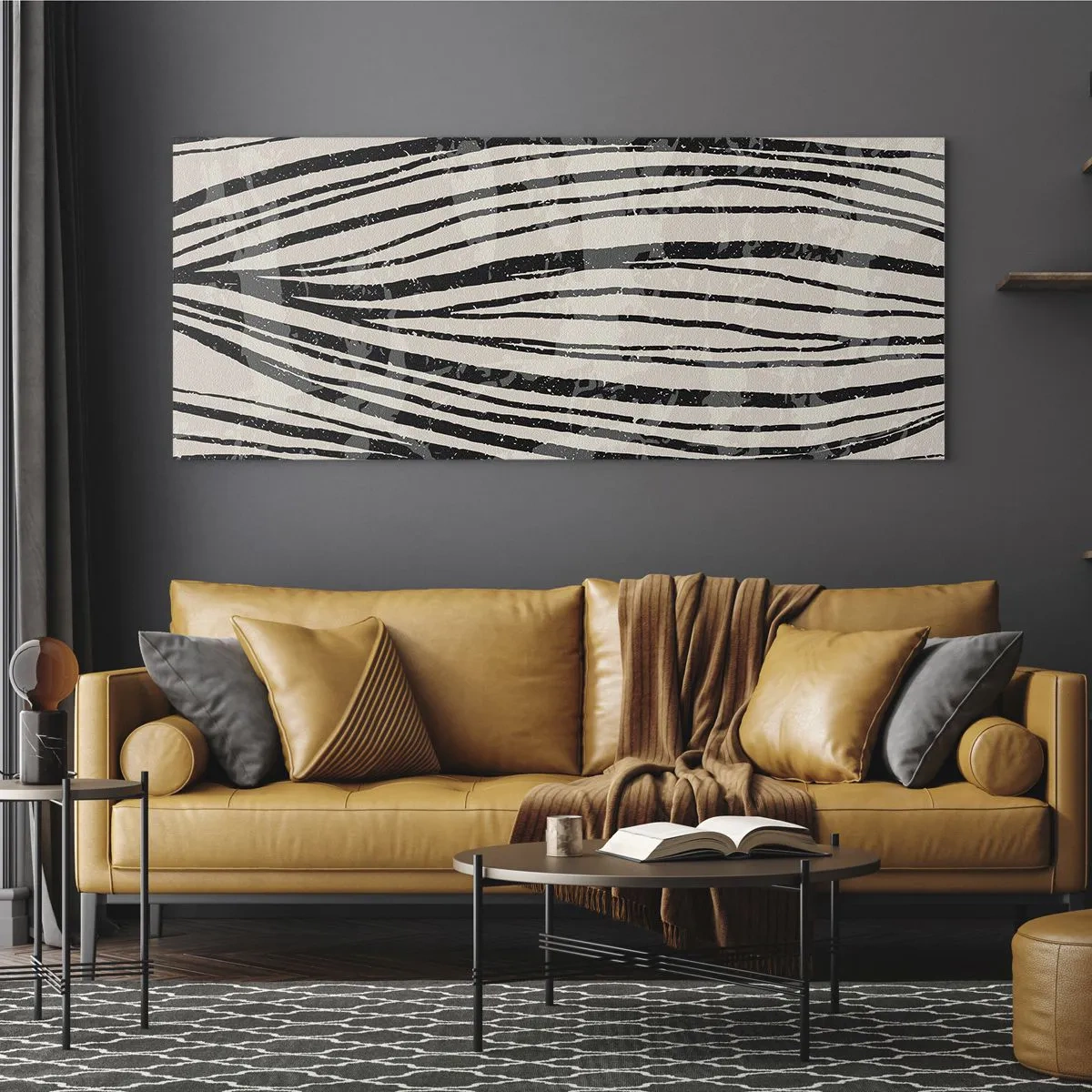 Quadro su vetro - Onde astratte in tonalità di bianco e nero - 120x50cm - Una palude di linee - Decorazione murale moderna per soggiorno e camera da letto ARTTOR