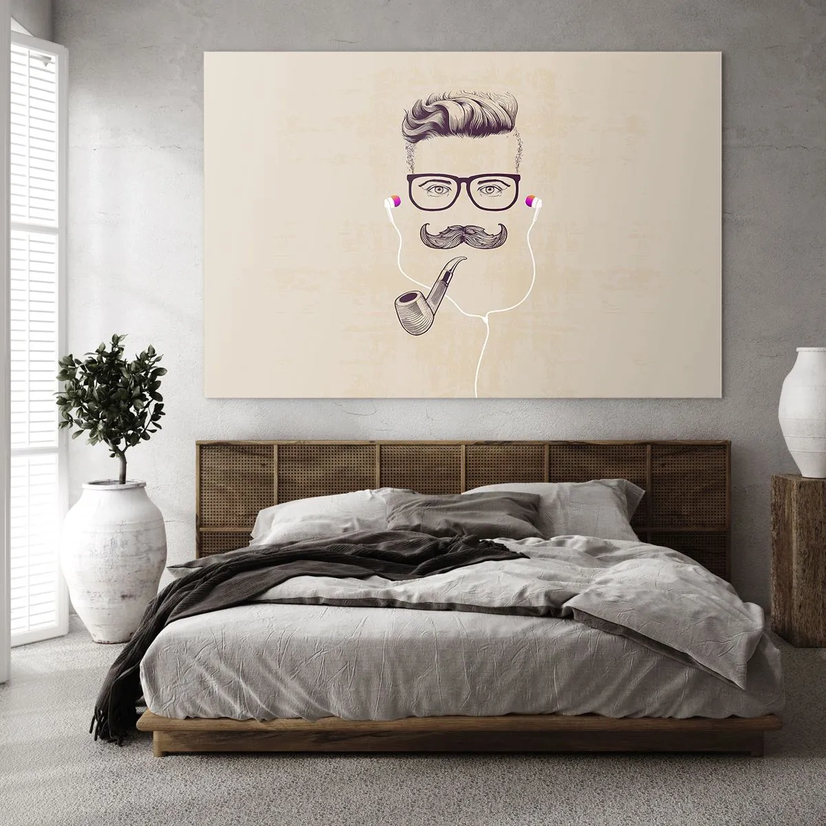 Quadro su vetro - Disegno di un uomo stilizzato con occhiali, baffi e pipa. - 100x70cm - Un vero uomo? - Decorazione murale moderna per soggiorno e camera da letto ARTTOR