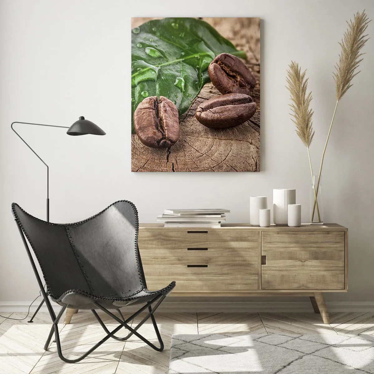 Quadro su vetro - Chicchi di caffè su uno sfondo di foglie e legno - 50x70cm - Nero e autentico - Decorazione murale moderna per soggiorno e camera da letto ARTTOR