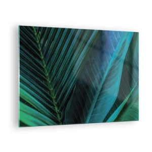 Quadro su vetro - Dettagli di foglie tropicali verde scuro - 70x50cm - Anatomia del verde - Decorazione murale moderna per soggiorno e camera da letto ARTTOR