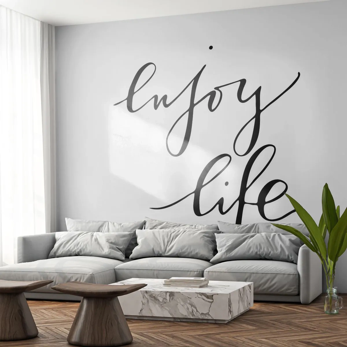 Fotomurali Premium Sand - Citazione "Goditi la vita" in elegante calligrafia - 100x70cm - Niente da aggiungere... - Decorazione murale moderna per soggiorno e camera da letto ARTTOR