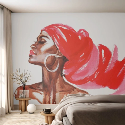 Fotomurali Standard Eco - Ritratto stilizzato di una donna con una sciarpa rossa - 100x70cm - C'è un vento che allarga le narici dell'uomo - Decorazione murale moderna per soggiorno e camera da letto ARTTOR