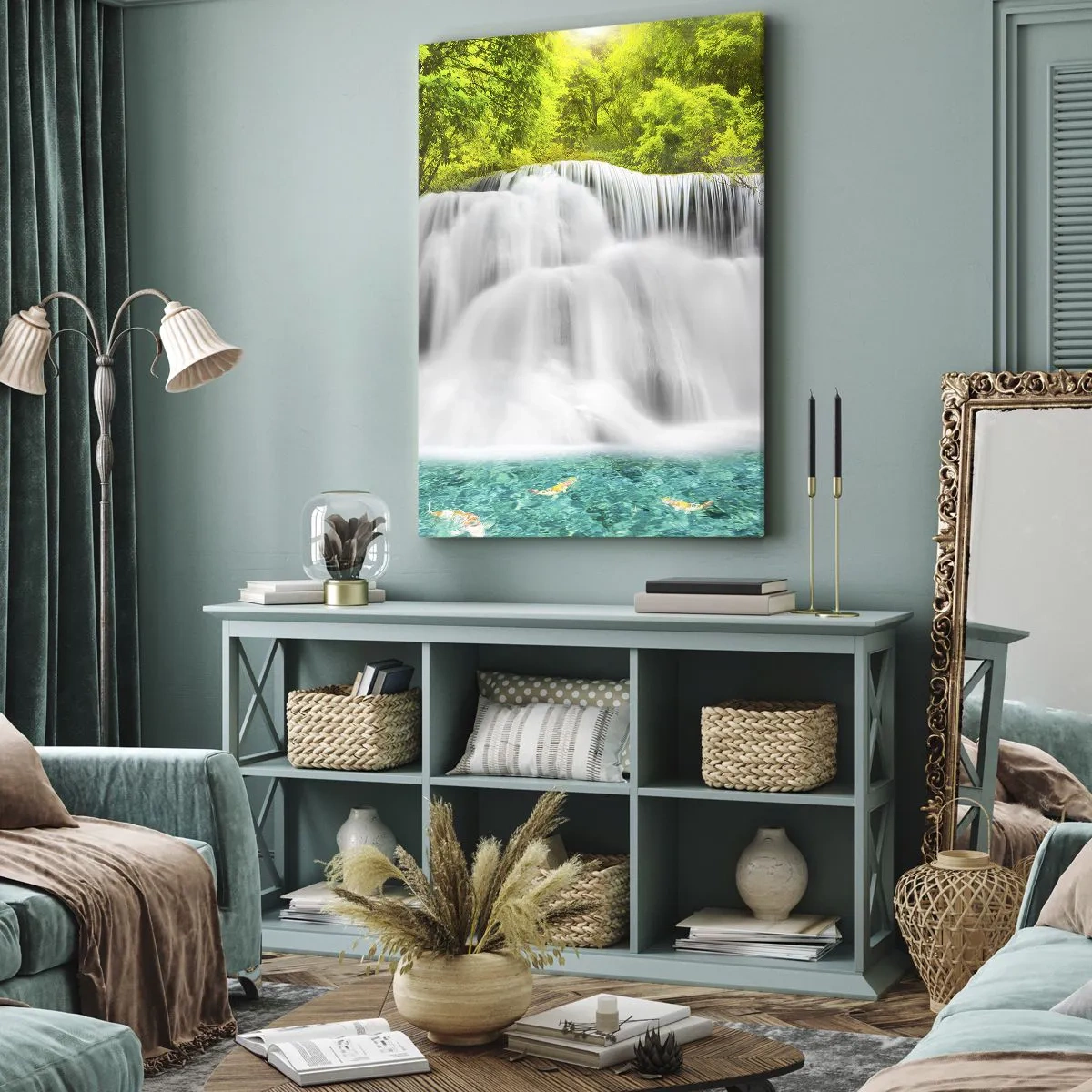 Quadro su tela - Stampe su Tela - Una cascata in una foresta tropicale con acqua turchese - 70x100cm - Cascata spumeggiante dal verde all'azzurro - Decorazione murale moderna per soggiorno e camera da letto ARTTOR