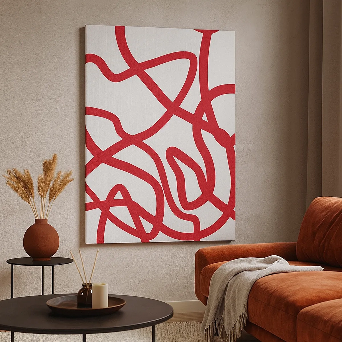 Quadro su tela - Stampe su Tela - Linee astratte rosse su sfondo bianco - 50x70cm - Rosso su bianco - Decorazione murale moderna per soggiorno e camera da letto ARTTOR