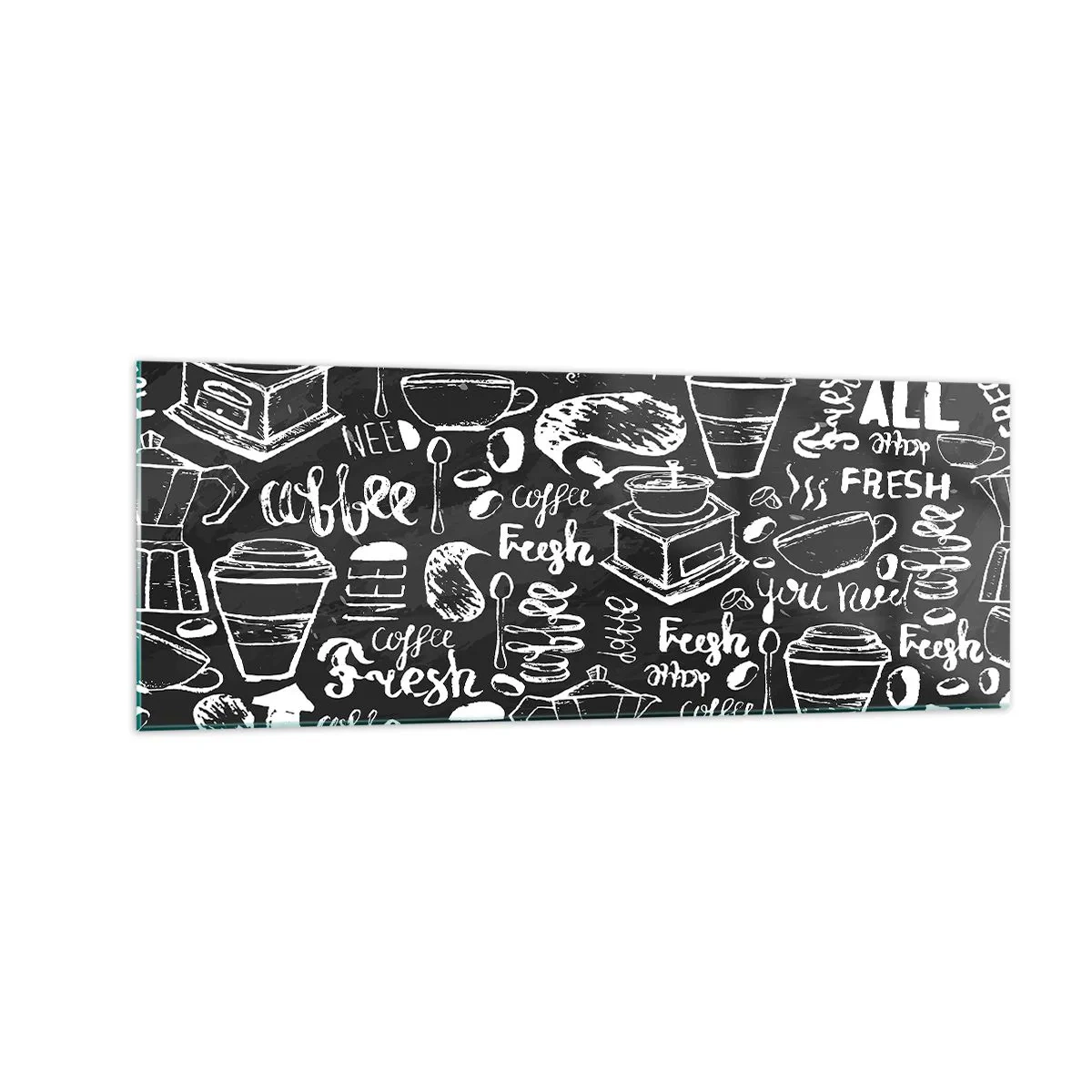 Quadro su vetro - Grafica elegante del caffè su sfondo nero - 140x50cm - All you need is… - Decorazione murale moderna per soggiorno e camera da letto ARTTOR