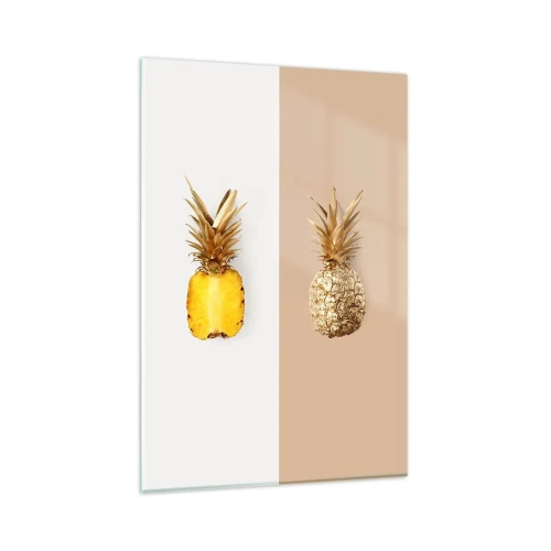 Quadro su vetro - Metà di un ananas fresco e dorato su uno sfondo contrastante - 80x120cm - Ananas per due - Decorazione murale moderna per soggiorno e camera da letto ARTTOR