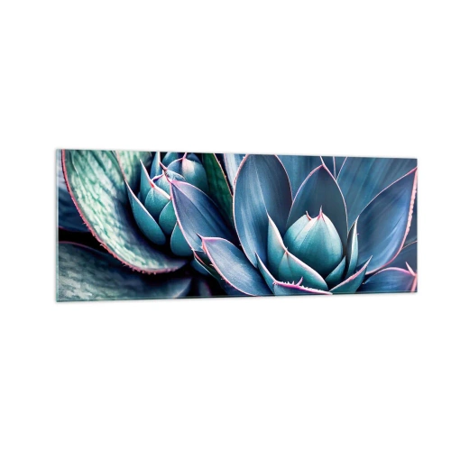 Quadro su vetro - Agave nelle tonalità del blu e del verde con accenti rosa - 140x50cm - Forza vitale - Decorazione murale moderna per soggiorno e camera da letto ARTTOR