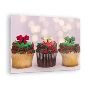 Quadro su vetro - Cupcake di Natale con decorazioni a fiocco - 70x50cm - Dolci a volontà - Decorazione murale moderna per soggiorno e camera da letto ARTTOR