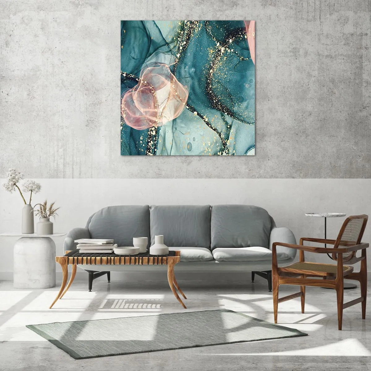 Quadro su vetro - Blu di seta, rosa di tulle - 40x40 cm