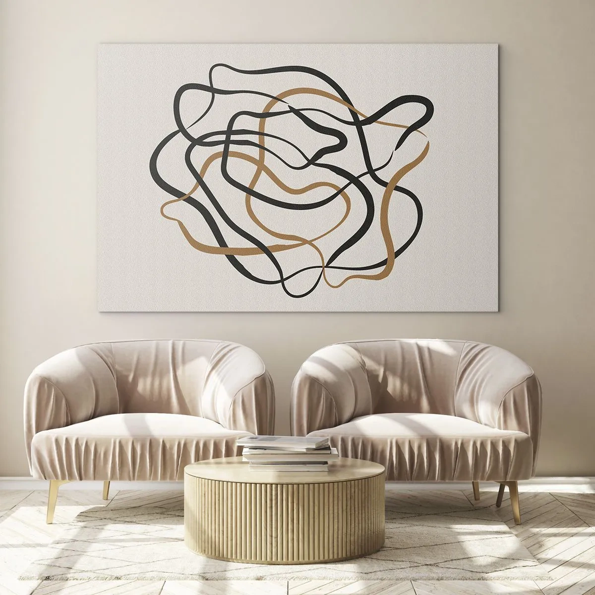 Quadro su vetro - Un groviglio astratto di linee nere e marroni. - 100x70cm - Tutto è andato storto - Decorazione murale moderna per soggiorno e camera da letto ARTTOR