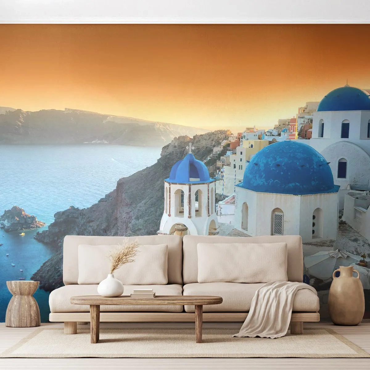 Fotomurali Premium Sand - Edifici bianchi con cupole blu sulle scogliere - 100x70cm - Santorini: aggrappate alle rocce - Decorazione murale moderna per soggiorno e camera da letto ARTTOR