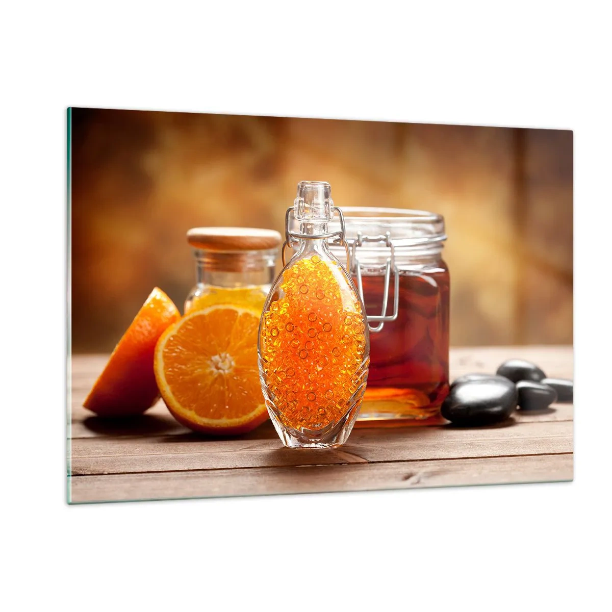 Quadro su vetro - Una bottiglia di olio e un'arancia su un tavolo di legno - 120x80cm - Il gusto e l'aroma del sole - Decorazione murale moderna per soggiorno e camera da letto ARTTOR