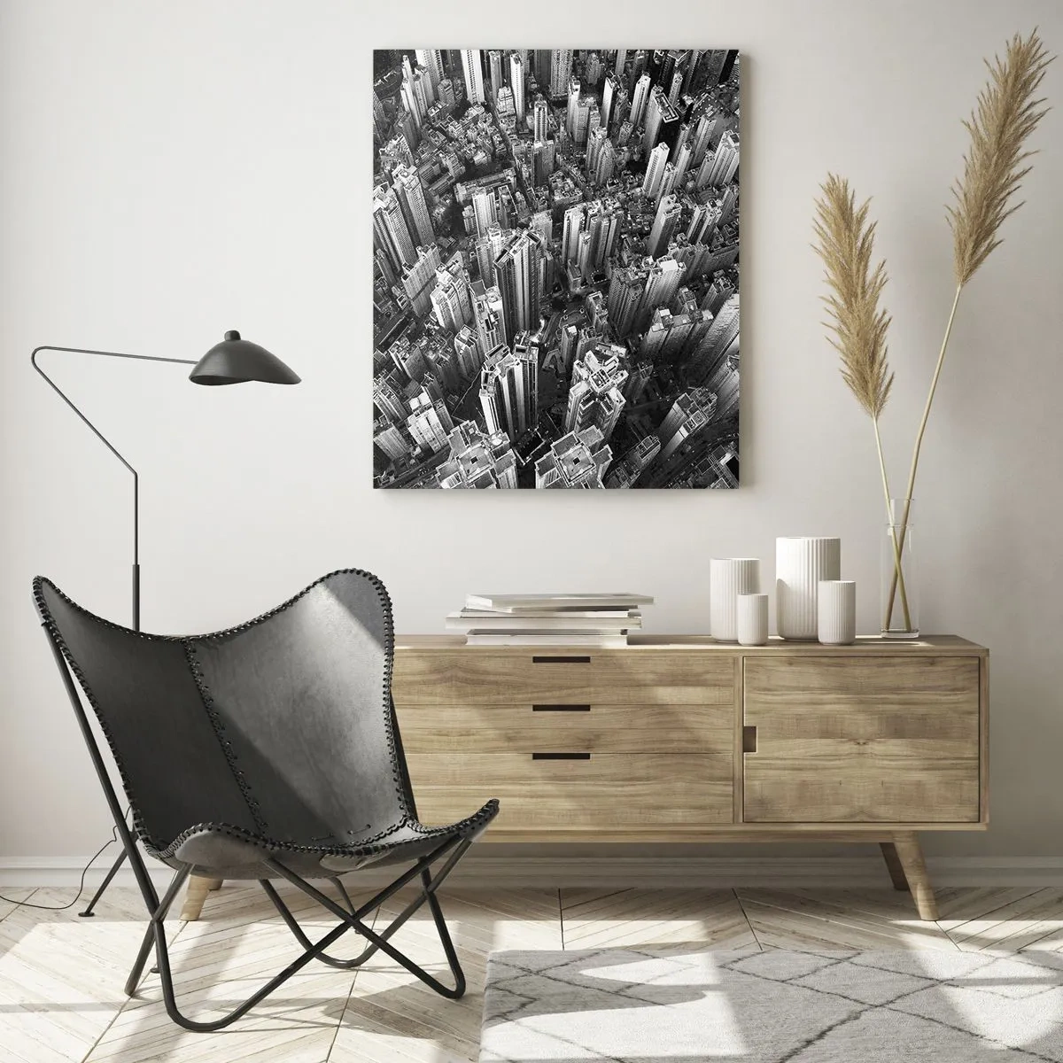 Quadro su vetro - Vista aerea della città in bianco e nero - 80x120cm - Ancora più in alto - Decorazione murale moderna per soggiorno e camera da letto ARTTOR