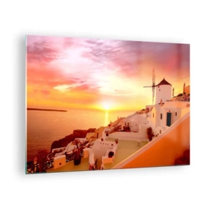 Quadro su vetro - Tramonto su Santorini con edifici bianchi e un mulino a vento - 70x50cm - Sciogliersi nel bianco e nell'oro - Decorazione murale moderna per soggiorno e camera da letto ARTTOR