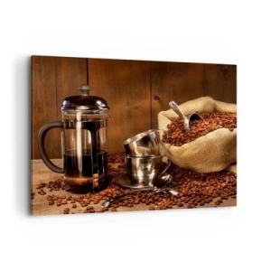 Quadro su tela - Stampe su Tela - French press, tazze e una busta di caffè su uno sfondo di legno - 120x80cm - Magia del caffè: aroma e sapore - Decorazione murale moderna per soggiorno e camera da letto ARTTOR