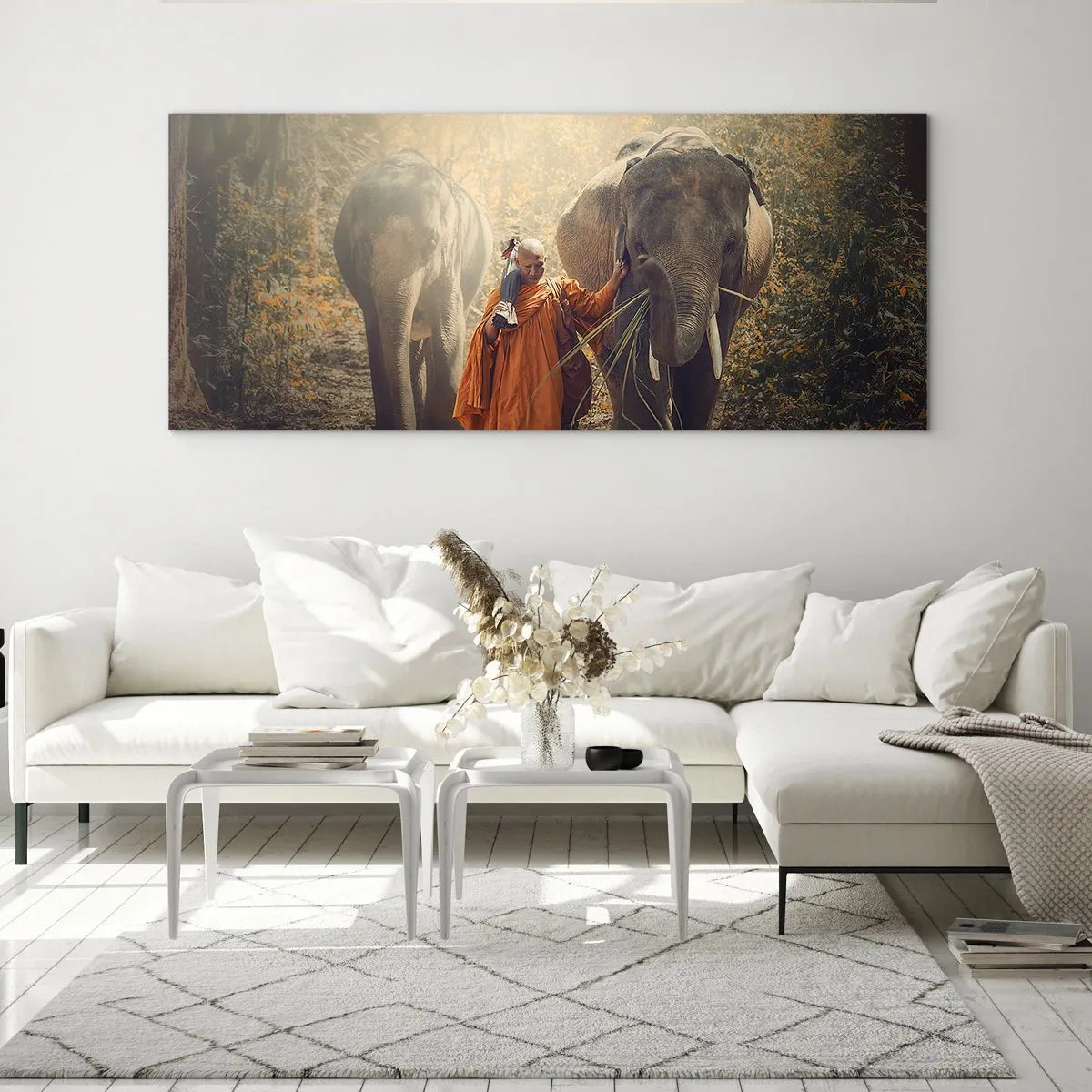 Quadro su vetro - Un monaco con una tunica arancione guida un elefante nella foresta. - 120x50cm - Comprensione perfetta - Decorazione murale moderna per soggiorno e camera da letto ARTTOR
