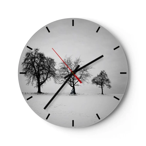 Orologio da parete - Orologio in Vetro - Tre alberi solitari in un campo innevato in bianco e nero. - 30x30cm - Cosa sognano? - Decorazione murale moderna per soggiorno, cucina e camera da letto ARTTOR