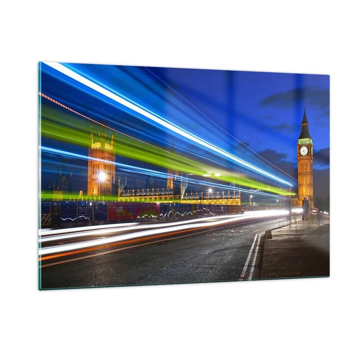 Quadro su vetro - Big Ben di notte con le luci delle auto sfocate - 120x80cm - Sotto lo sguardo del Big Ben - Decorazione murale moderna per soggiorno e camera da letto ARTTOR