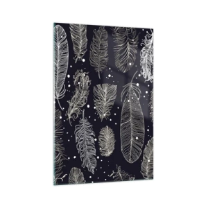 Quadro su vetro - Delicate piume bianche su sfondo blu navy - 70x100cm - Pizzo piumato - Decorazione murale moderna per soggiorno e camera da letto ARTTOR