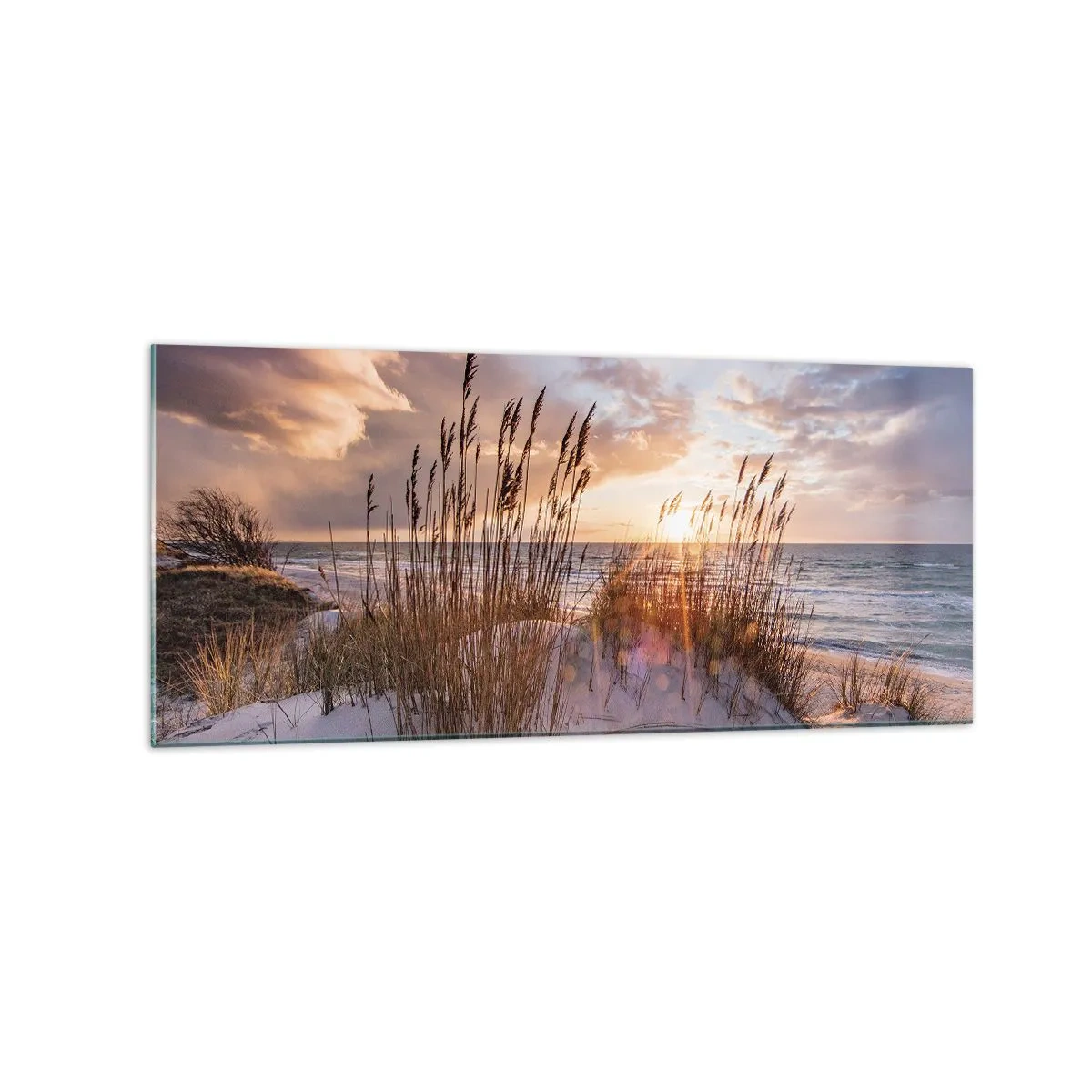 Quadro su vetro - Dune con erba sullo sfondo del sole al tramonto - 120x50cm - L'addio al sole e al vento - Decorazione murale moderna per soggiorno e camera da letto ARTTOR