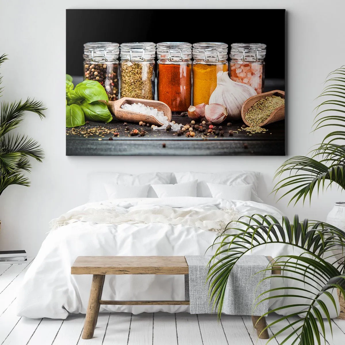 Quadro su tela - Stampe su Tela - Erbe e spezie in barattoli di vetro su sfondo scuro - 120x80cm - Perché la vita abbia sapore - Decorazione murale moderna per soggiorno e camera da letto ARTTOR