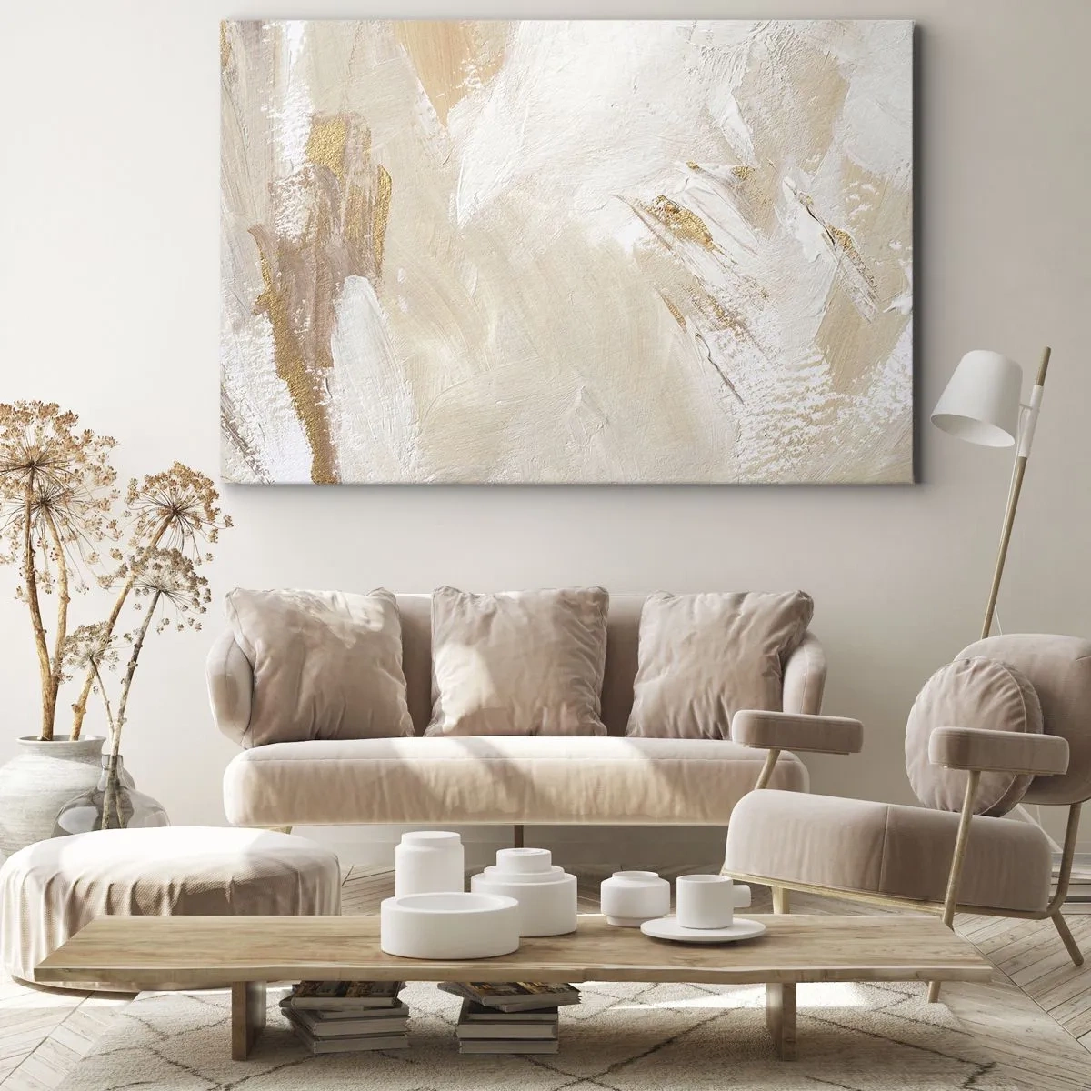 Quadro su tela - Stampe su Tela - Delicati toni astratti nelle tonalità del beige e dell'oro - 120x80cm - Composizione pastello - Decorazione murale moderna per soggiorno e camera da letto ARTTOR