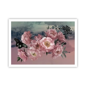 Poster - Peonie rosa con farfalla su sfondo pastello - 100x70cm - L'apice della romanticità - Decorazione murale moderna per soggiorno e camera da letto ARTTOR