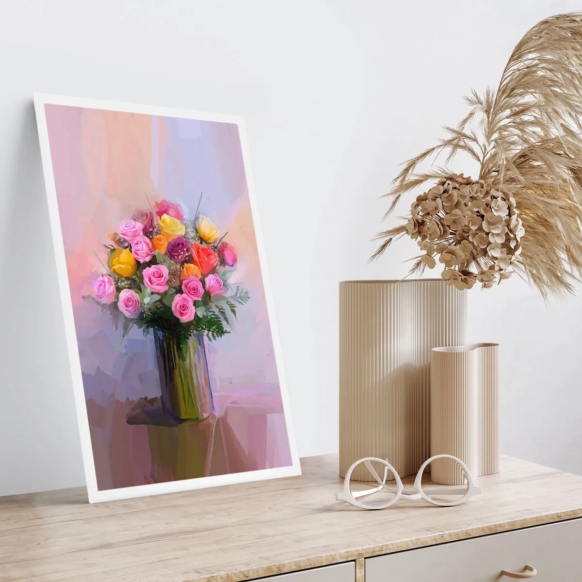 Poster - Un mazzo di rose e fiori in un vaso di vetro - 50x70cm - Bellezza immobile - Decorazione murale moderna per soggiorno e camera da letto ARTTOR