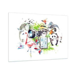 Quadro su vetro - Illustrazione di un fotografo con una macchina fotografica e animali - 100x70cm - Nell'obiettivo del viaggiatore - Decorazione murale moderna per soggiorno e camera da letto ARTTOR