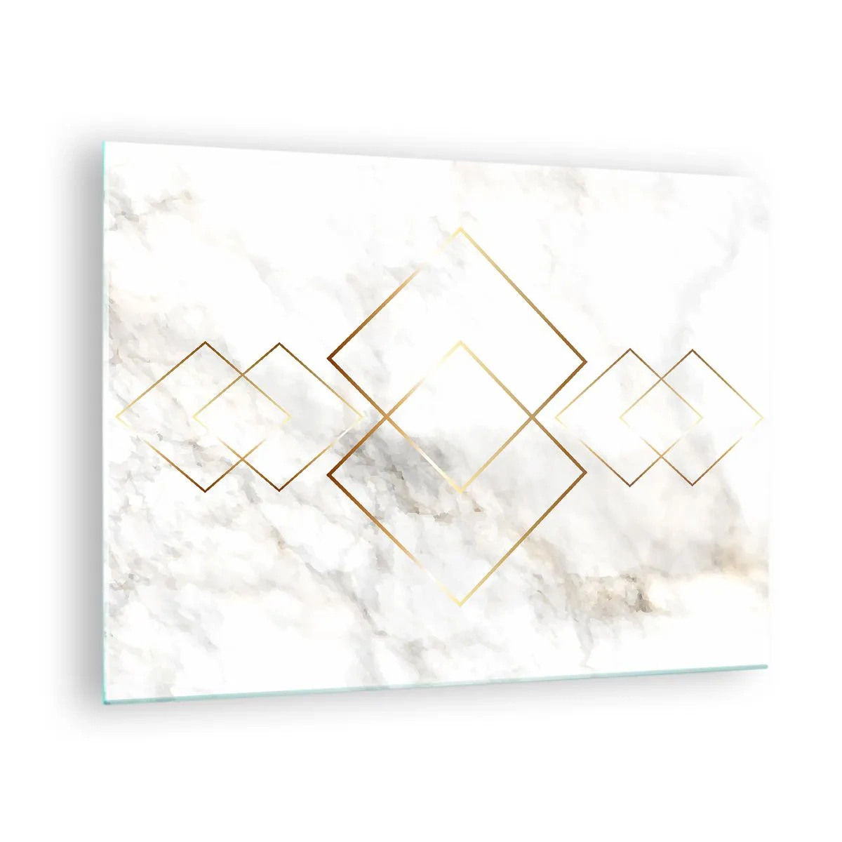 Quadro su vetro - Rombi geometrici dorati su sfondo di marmo bianco - 70x50cm - Vista sull'infinito - Decorazione murale moderna per soggiorno e camera da letto ARTTOR