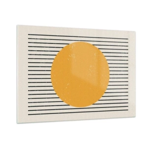 Quadro su vetro - Un cerchio arancione su uno sfondo di linee nere orizzontali su sfondo beige. - 100x70cm - La forza della semplicità - Decorazione murale moderna per soggiorno e camera da letto ARTTOR