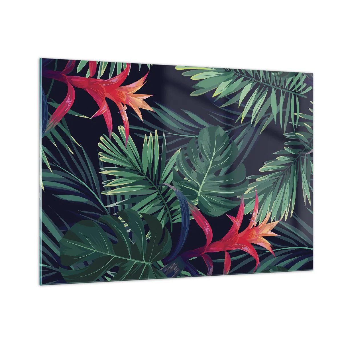 Quadro su vetro - Foglie e fiori esotici su sfondo scuro - 100x70cm - Fiammante nel verde - Decorazione murale moderna per soggiorno e camera da letto ARTTOR