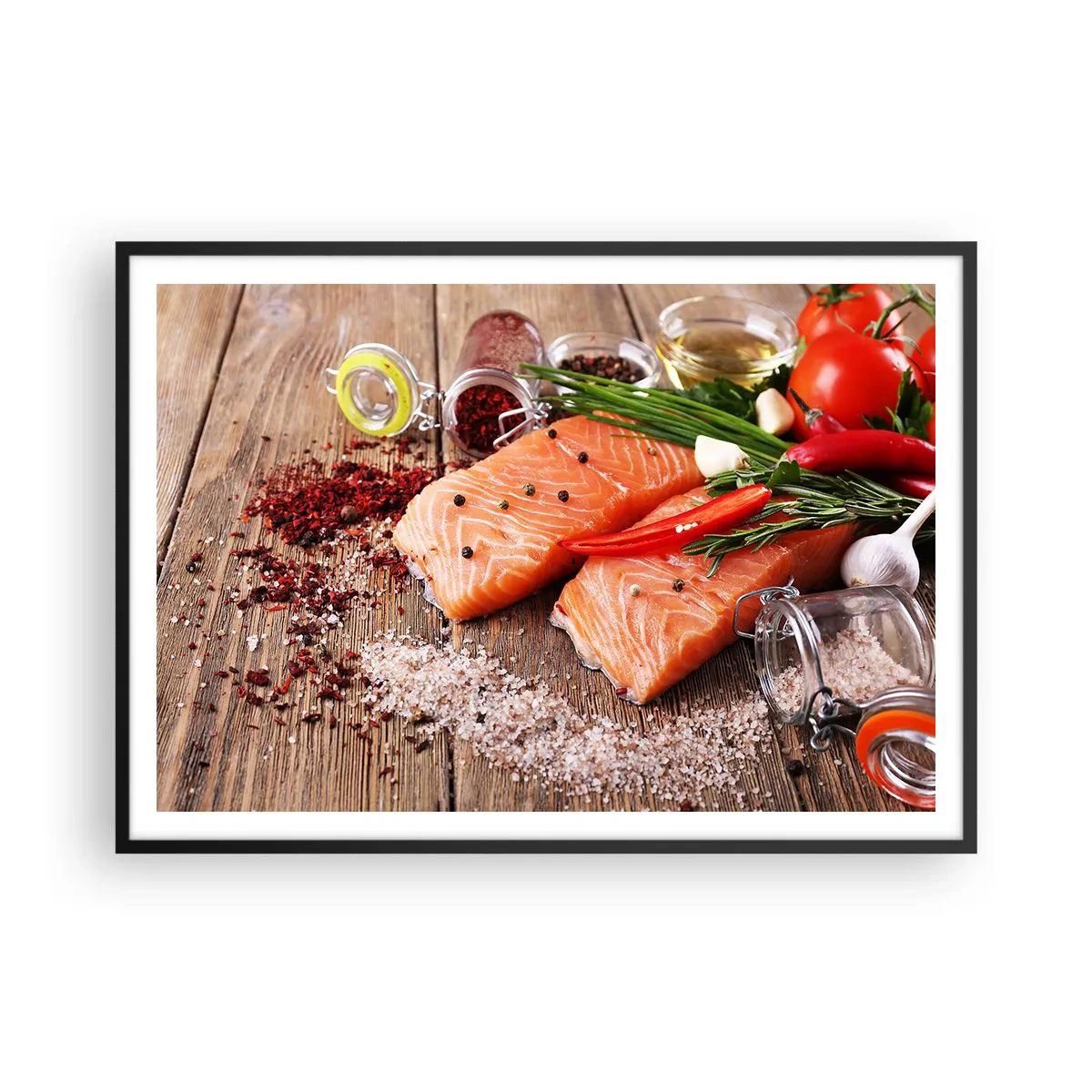 Poster in cornice nera - Filetti di salmone con spezie su fondo di legno - 100x70cm - Avventura norvegese in cucina - Decorazione murale moderna per soggiorno e camera da letto ARTTOR