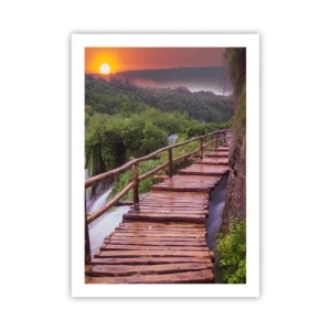 Poster - Un ponte di legno tra il verde e il sole al tramonto - 50x70cm - Una bellezza incredibile - Decorazione murale moderna per soggiorno e camera da letto ARTTOR