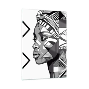 Quadro su vetro - Ritratto etnico in bianco e nero di una donna con motivi geometrici - 50x70cm - Ritratto etnico - Decorazione murale moderna per soggiorno e camera da letto ARTTOR