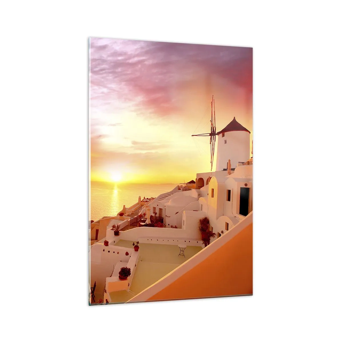 Quadro su vetro - Santorini al tramonto con un mulino a vento - 70x100cm - Sciogliersi nel bianco e nell'oro - Decorazione murale moderna per soggiorno e camera da letto ARTTOR