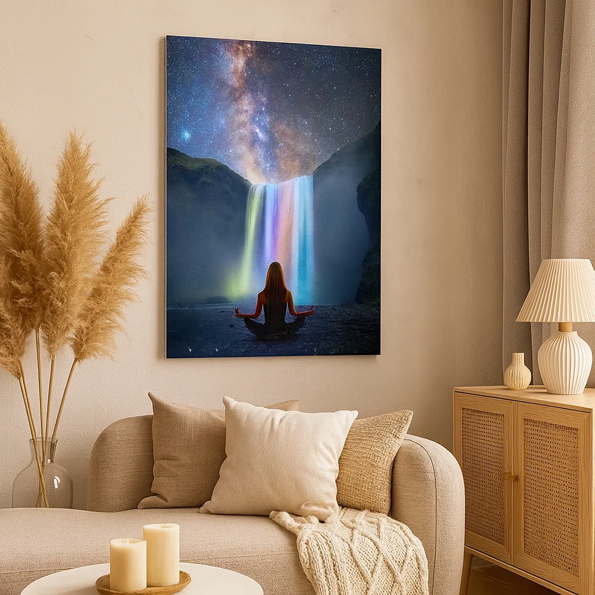 Quadro su tela - Stampe su Tela - Meditazione davanti a una cascata tra le stelle - 50x70cm - Armonia assoluta - Decorazione murale moderna per soggiorno e camera da letto ARTTOR